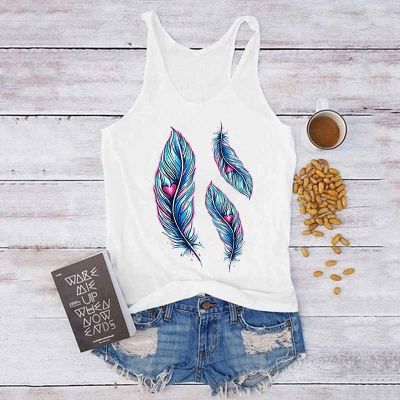 ﹍▣✟ Sleeveless Camisole Feathers Catcher Print Loose Female T Shirt 90s