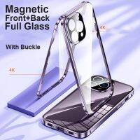 For iPhone 14 13 Pro Max 14 Plus Case Magnetic Metal Frame Front Back Glass Snap Buckle Case Full Camera Lens Protection Cover