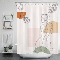 กันน้ำกับก้าน Moderno Meados Do Século คอร์ติน่าเดอ Chuveiro Para O Banheiro Linha Abstrata Menina Banho Cortinas Com Ganchos Boho Arte Minimalista Chique Tecido Decoração