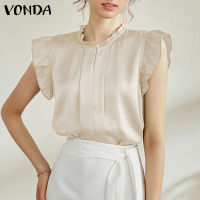 VONDA เสื้อคอตั้งแบบดูสง่ามีแขนจับจีบสำหรับผู้หญิงเสื้อสีทึบคอมมิง (ลำลองเกาหลี)