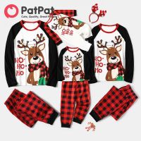 PatPat Christmas Family Matching Reindeer &amp; Letter Print Ragaln-Sleeve Red Plaid Pajamas Sets (ทนไฟ)