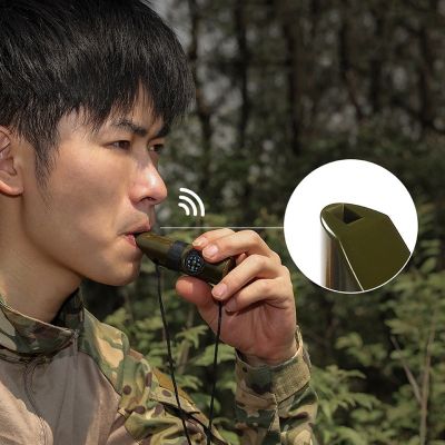 ：《》{“】= 7 In 1 Outdoor Whistle Compass Thermometer Camping Hiking Accessory Multi-Ftional Survival Tools Nylon Neck Rope Compass