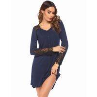 Womens NightDress Night Shirt Print Sleep Shirts Female Nightgown Long Sleeve Lace Mesh Nightwear