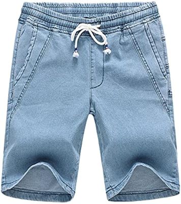 Mens Summer Outdoor Casual Jeans Shorts Drawstring Loose Fit Jean Shorts Elastic Waist Beach Denim Short Pants