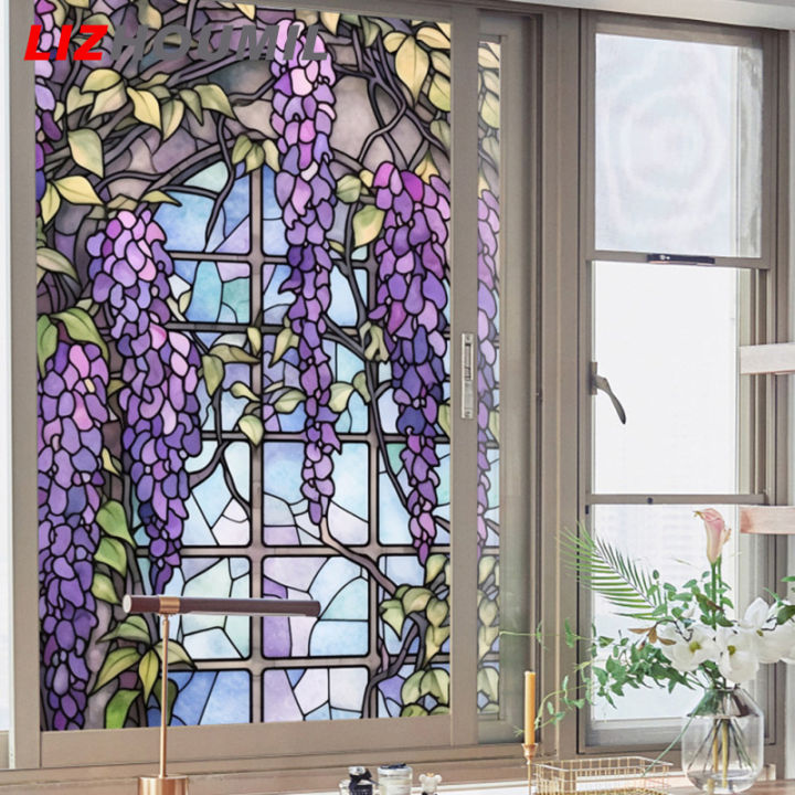 ฟิล์มหน้าต่างกระจกสีลายดอกไม้-lizhoumil-ฉนวนกันความร้อนป้องกันยูวีแผ่นกระจกคงที่ลวดลายสีม่วงสำหรับตกแต่งกระจกหน้าต่าง