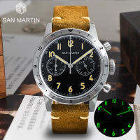 San Martin CLASSIC R PILOT VK64 Chronograph Mens นาฬิกาควอตซ์ bidirectional BEZEL Business VINTAGE นาฬิกาเรืองแสงกันน้ำ