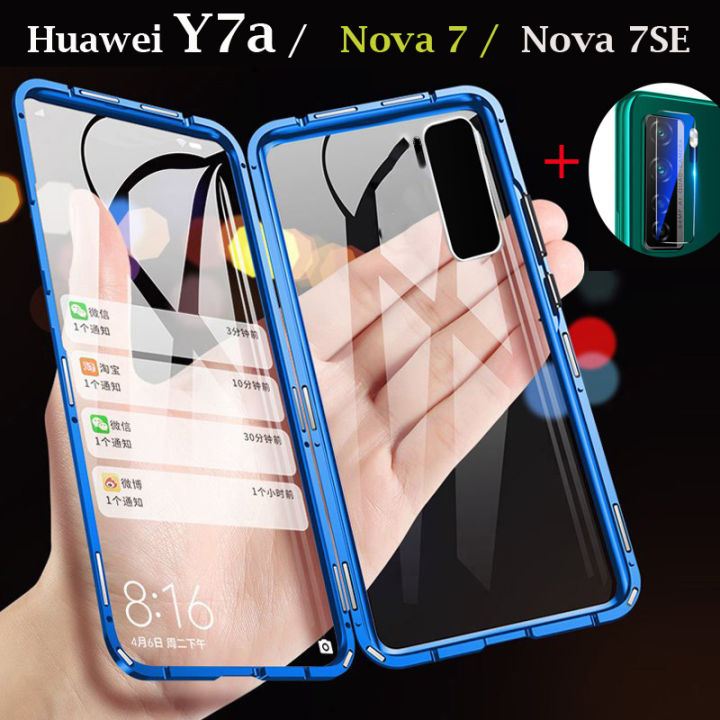 สำหรับhuawei-10-nova-10-pro-nova-y70-nova-8-huawei-y7a-huawei-nova-7-se-huawei-nova-7-5g-magneticกรอบโลหะสองด้านด้านหน้าและกลับกระจกนิรภัยปกเต็ม360ฟรีกล้องเลนส์ป้องกันฟิล์ม