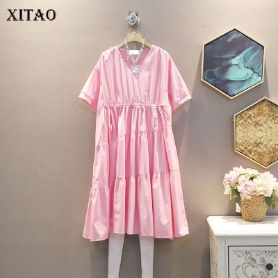 XITAO Dress Solid Color Casual Loose Folds Dress