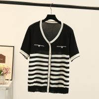 【มีไซส์ใหญ่】Plus Size Womens XL-4XL V-neck False Button Summer Shirts Oversized Knitted Black Beige Female Tops