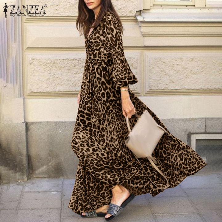 ZANZEA Women Leopard Print Dress Cocktail Evening Party V-Neck Long Maxi  Dresses | Lazada