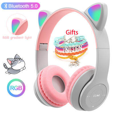 Wireless Headphones Cat Ear with Mic Blue-tooth Glow Light Stereo Bass Helmets Children Gamer Girl Gifts PC Phone Gaming Headset