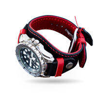 สายนาฬิกาข้อมือหนังแท้แฮนด์เมด BUND&amp;AVIATION-2COLORS-OPT (นาฬิกาไม่รวมในรายการขาย)Black/red Leather watch cuff by Tangmo Goods