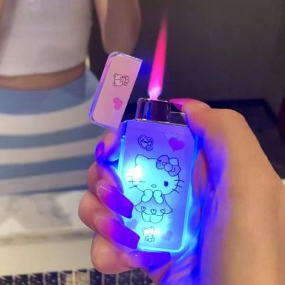 ZZOOI Sanrio Hello Kitty Windproof Led Luminous Lighter Anime Cinnamoroll Lighter Pink Flame Creative Portable Girl Gift