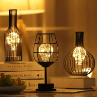 Led Night Light Creative Desk Decoration Table Lamp Battery Powered Wrought Iron Wine Glasses Light Gift Bedroom Desktop Decor