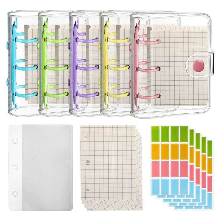 5 Pack Mini Transparent 3 Ring Binder Covers with Binder Inner Papers
