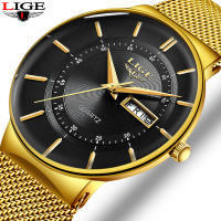 Relogio Masculino 2022 LIGE New Mens Watches Top nd Luxury Ultra Thin Quartz Watch Men Steel Mesh Strap Waterproof Gold Watch