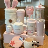 Starbucks Cup 2023 New Year Cute Pink Rabbit Ceramic Mark Glass Straw Stainless Steel Thermos Cup Portable