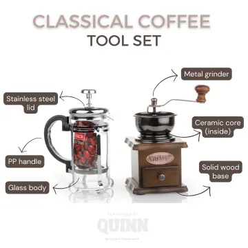 Manual Coffee Maker Set with Wooden Coffee Bean Grinder and French Press  Pot Coffee Utensil Activity Gifts Mini Coffee Machine