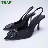 TRAF Black High Heels Women Shoes Pointed Toe High Heels Woman Sandals Rhinestone Stiletto Heels Women Sandals Slingback Shoes