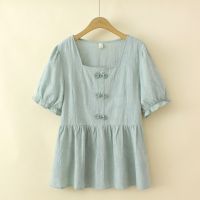 【มีไซส์ใหญ่】Plus Size Womens XL-4XL Square Neck Summer Shirts Oversized Full Cotton Female Tops Short Sleeve Vintage Top