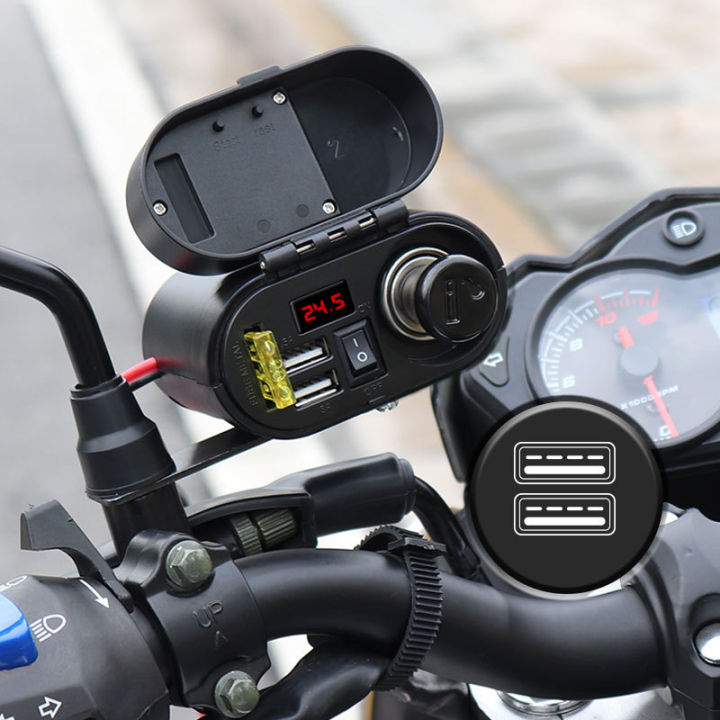 เครื่องชาร์จโทรศัพท์มือถือ-usb-คู่สำหรับรถจักรยานยนต์พร้อมไฟแช็กแรงดันไฟฟ้า-แสดงผล-ฝาครอบกันน้ำอุปกรณ์เสริมในรถยนต์การควบคุมอุณหภูมิอัจฉริยะ