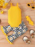 Adorable Summer Outfit for Baby Girls Spaghetti Strap Romper Tops and Sunflower Striped Bell Bottom Pants Clothes Sets  by Hs2023