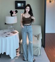 Uniqlo New Fashion version Hong Kong-style American retro ripped jeans for women in summer high-waisted straight wide-leg pants loose slit floor-length pants