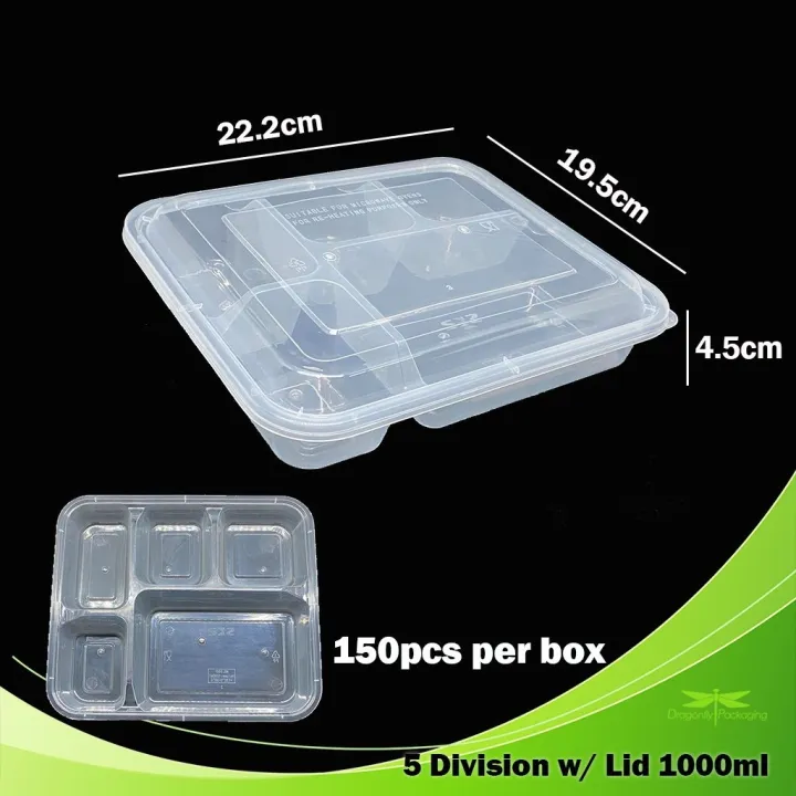 [Wholesale] Dragonfly 1000ml 5 Division Clear Bento Box with Lid ...