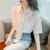 2023 ฤดูร้อนใหม่ชีฟองเสื้อเชิ้ตสีขาวผู้หญิงสไตล์เกาหลีแฟชั่นดีไซน์ปกโปโลแขนสั้นปลอมสองชิ้นเสื้อแขนสามส่วน