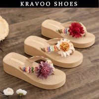 KRAVOO Ethnic Flower Flip Flops Shoes For Women Braided Thong Slippers Platform Wedges Sandals Ladies Outside Beach Slides 2023