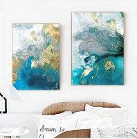 Creative Abstract watercolor blue golden Rendering modern decorative Picture Canvas Wall Art Poster for room ho office decor