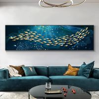 Luyameishop ตกแต่งโมเดิร์น Blue Sea Golden Fish ภาพวาดบนผ้าใบ Wall Art โปสเตอร์และพิมพ์สำหรับห้องนั่งเล่นตกแต่งบ้าน