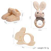 3pcs Baby Wooden Toys Set Crochet Shoe Teether Rattle Photography Props Set Baby Birth Ceremony Newborn Bath Gift Protucts