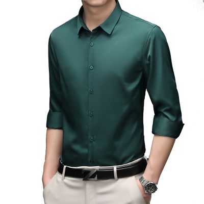 6XL Formal Mens Long Sleeve Shirt and Short Sleeve Shirt Men Luxurious Ice Silk Solid Color Business Ironless Korean Version