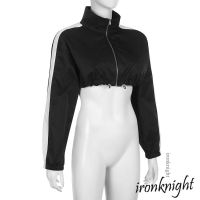 [ส่งของ]Ironknight เสื้อแจ็กเก็ตครอป แขนยาว คอปก สีตัดกัน สําหรับผู้หญิง