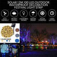 เครื่องตกแต่งหลากสีพลังงานแสงอาทิตย์12เมตร100 LED สำหรับงานเทศกาลกลางแจ้งแผ่นเรืองแสงสายลวดงานเลี้ยงกันน้ำ