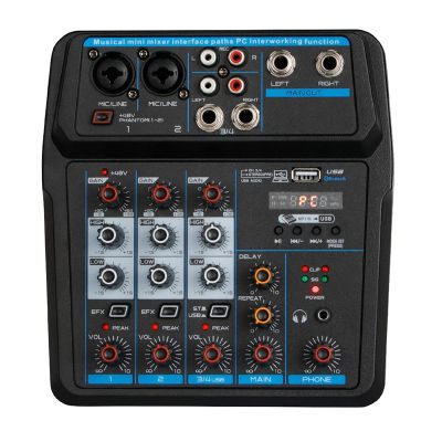 Audio Mixer Bluetooth Mixer 48V Phantom Supply Delay Repeat Effect 4 Channel USB Audio Mixer