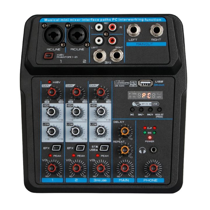 audio-mixer-bluetooth-mixer-48v-phantom-supply-delay-repeat-effect-4-channel-usb-audio-mixer