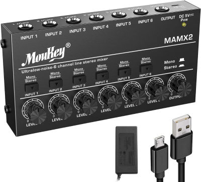 Moukey Audio Mixer Line Mixer,DC 5V, 6-Stereo Ultra, Low-Noise 6-Channel for Sub-Mixing, Ideal for Small Clubs or Bars. As Guitars, Bass, Keyboards Mixer, 2021 New Version-MAMX2 Medium&nbsp;(6-channel)