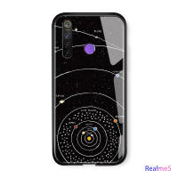 UCUC เคสโทรศัพท์เคสสำหรับ Realme 5 แก้วโทรศัพท์มือถือกรณีโทรศัพท์มือถือการ์ตูนดวงจันทร์อาทิตย์อวกาศนักบินอวกาศGalaxyกรณีเคลือบเงากระจกกลับขอบนุ่มปกปลอก