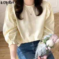 VONDA Women Half Sleeve O Neck Solid Color Casual Loose Blouse Tee Shirts (Korean Causal)