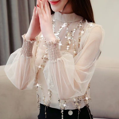 2020 Spring New Style Korean-style Elegant Fashion Slim Fit Sequin Chiffon Blouse Tops