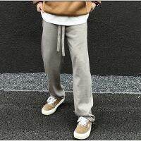 9GJN high street simple solid color twill high gram weight straight wide leg mop trousers mens drawstring foot sports sweatpants fashionTH