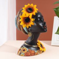 Resin Black African Sunflower Woman Statue Creative Art Figure Figurines For Interior Home Living Room Bedroom Decor