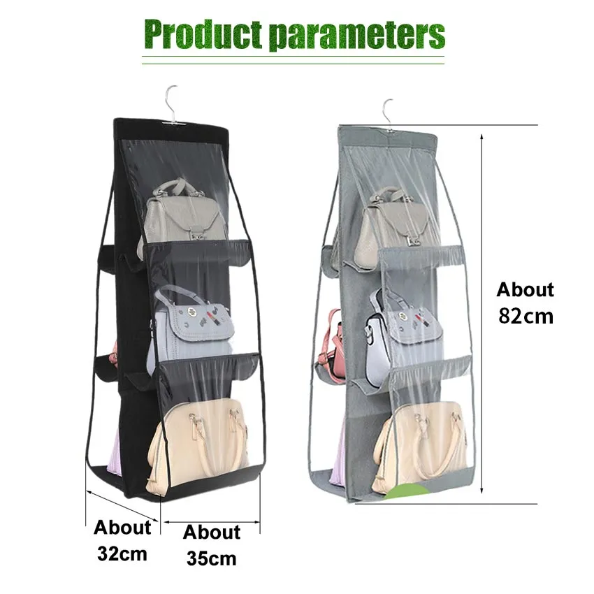 6 Pockets Hanging Closet Organizer Clear Foldable Handbag Purse Storage Bag