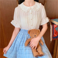 2022 Japanese Summer Women White Lolita Blouse er Pan Collar Lace Ruffles Chiffon Blusas Cute Kawaii Flare Sleeve Girls Top