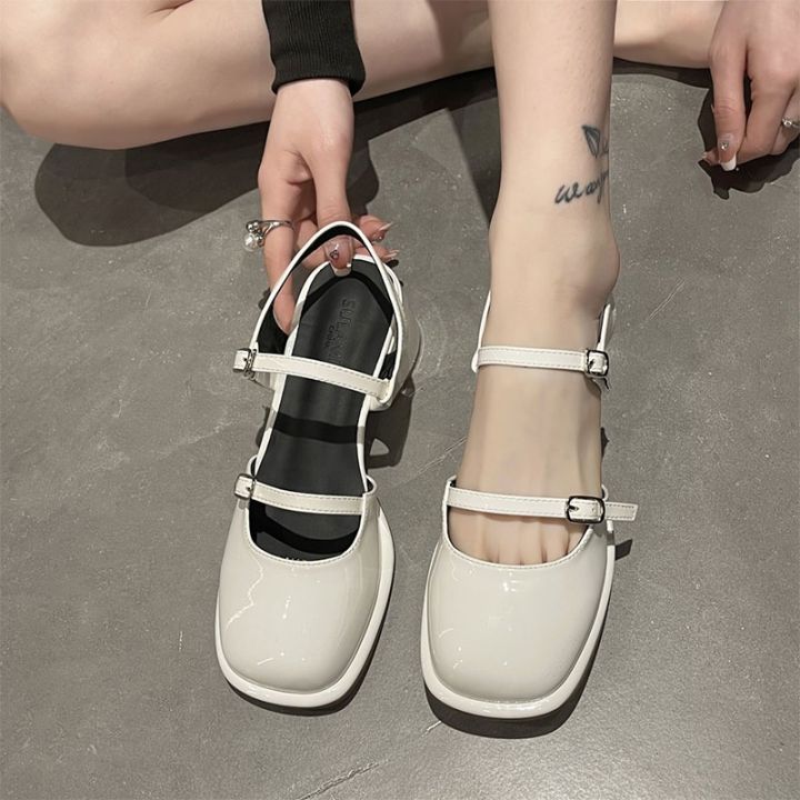 รองเท้าแตะผู้หญิง-2023-ฤดูร้อนใหม่เรโทรสแควร์โทคำหัวเข็มขัด-mary-janeกลับว่างเปล่าส้นหนารองเท้าเดียวฤดูใบไม้ผลิ