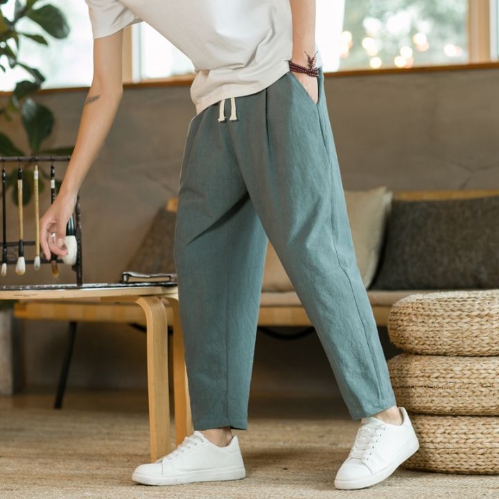 2023กางเกงขาสั้นผู้ชายแฟชั่นกางเกงผ้าลินิน-กางเกงลำลองเนื้อนิ่มบางระบายอากาศได้ดีกางเกงผู้ชายขาสามส่วนสตรีทแวร์