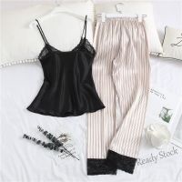 【Ready Stock】 ❉☾ C15 2023 New Sexy Lace Silk Stripe Pajamas for Woman 2 Piece Lounge Wear Pijamas Summer Pyjama Satin Female Spaghetti Strap Pyjamas