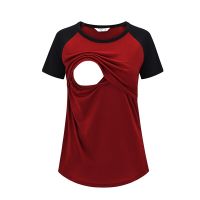 Blouse Maternity Multifunctional Solid Color Stitching Nursing Tops T-Shirt Summer Short Sleeve Pregnant Clothes Breastfeeding